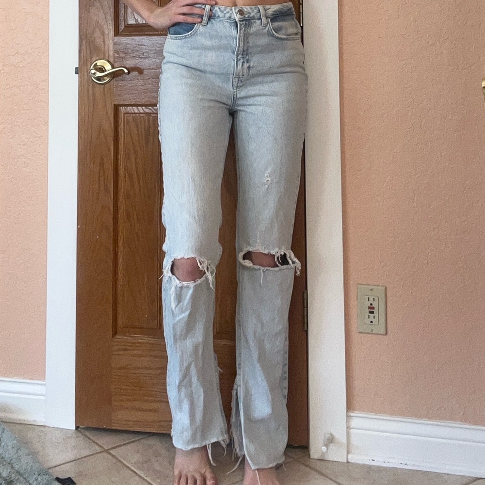 Zara Blue‎ Straight Flare Leg Jeans with Distressed Knees